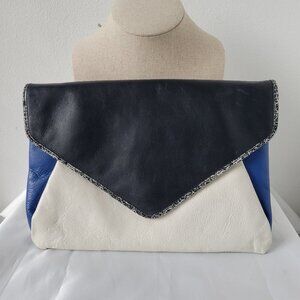 Halogen Envelope Flap Blue/Black Clutch w/silver Braided Chain Strap